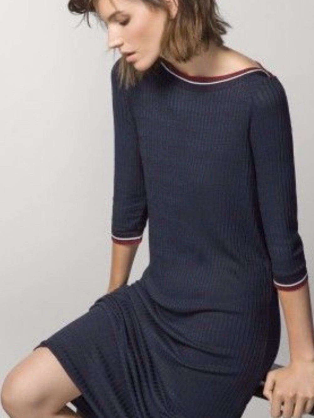 Massimo Dutti Navy Ribbed Midi Dress with Red-Trim Accents boatneck sweater XS